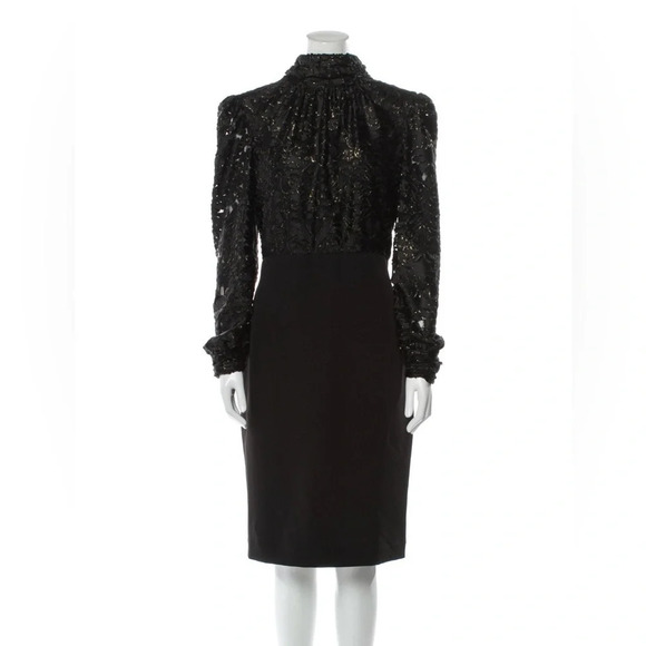 Badgley Mischka Mock Neck Midi Sheath Dress NWT Black Gold Long Sleeve Zip Sz 4 - Picture 3 of 14